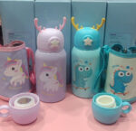 Esmi®- *Insulated Stainless steel Sipper Water bottle with dual cup , Hanging cover & Cute Horns* Dino & unicorn