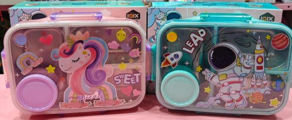 1002406425.jpg Esmi- Premium Stainless Steel Kids 3 section Lunch Box with Chutney Box & Cutlery ??