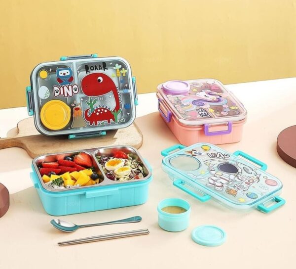 1002406431.jpg Esmi- Premium Stainless Steel Kids 3 section Lunch Box with Chutney Box & Cutlery ??